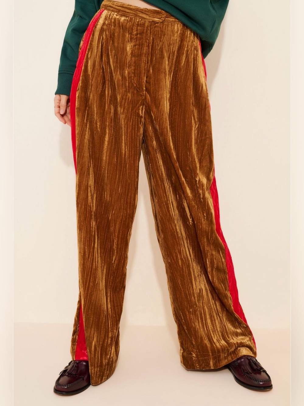 Anthropologie FARM Rio Gold Velvet Corduroy Wide-Leg Pants with Red Side Stripe